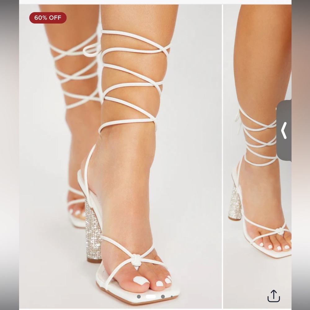 White Strappy Heels with Rhinestone Block Heel